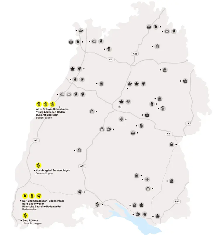 Illustration: Staatliche Schlösser und Gärten Baden-Württemberg, JUNG:Kommunikation GmbH Karte der Region "Geheimnisvolle Ruinen am Oberrhein"
