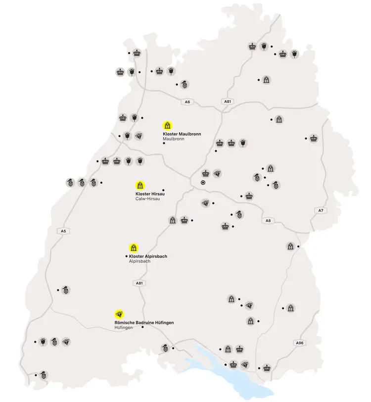 Illustration: Staatliche Schlösser und Gärten Baden-Württemberg, JUNG:Kommunikation GmbH Karte der Region "Mittelalterliches Klosterleben im Schwarzwald"