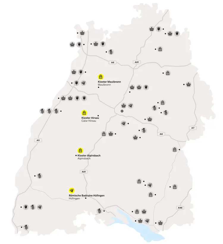 Illustration: Staatliche Schlösser und Gärten Baden-Württemberg, JUNG:Kommunikation GmbH Karte der Region "Mittelalterliches Klosterleben im Schwarzwald"