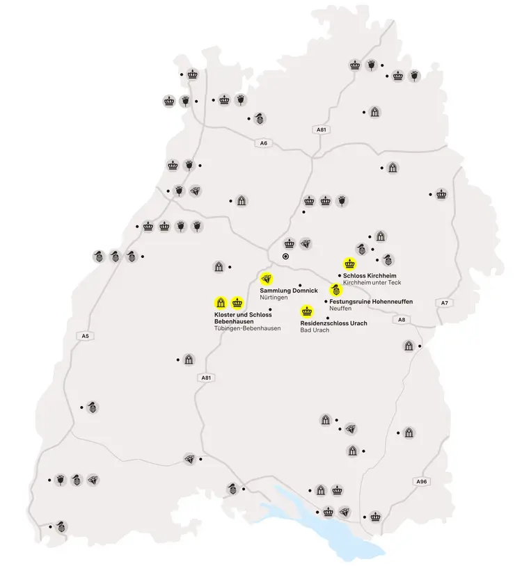 Illustration: Staatliche Schlösser und Gärten Baden-Württemberg, JUNG:Kommunikation GmbH Karte der Region "Vom Schönbuch bis zum Albtrauf"